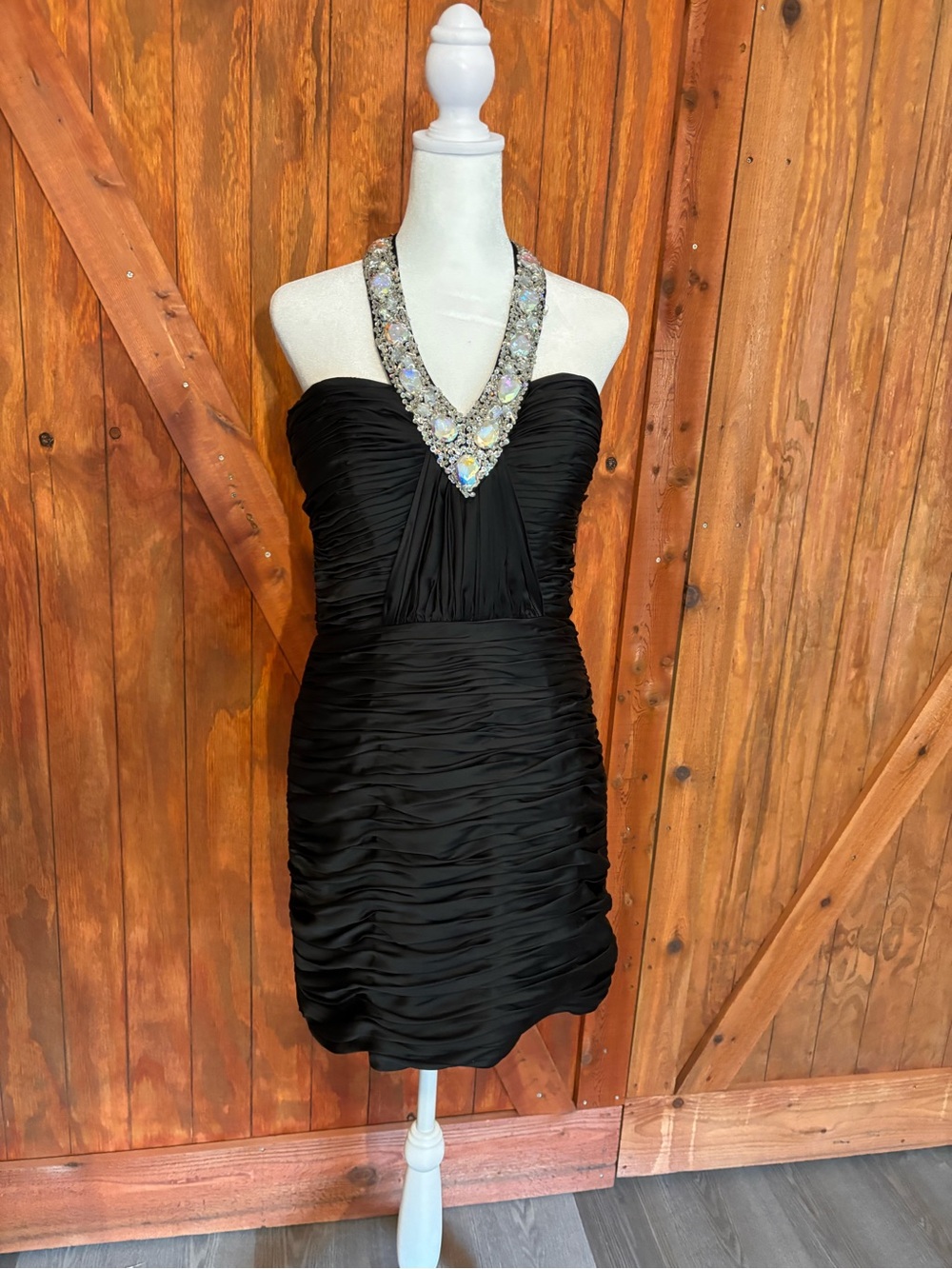 Black Halter Ruched Mini Dress with Crystal-Embellished Neckline